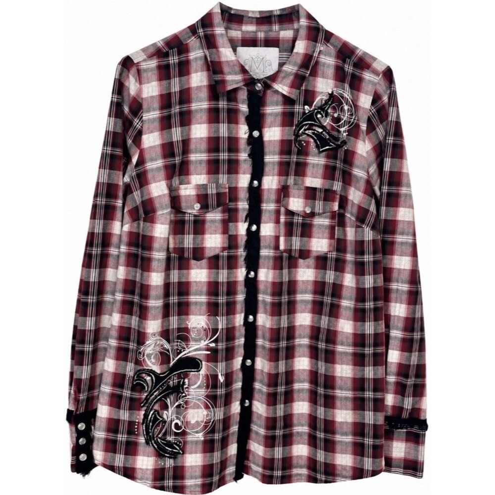 Maurices Womens Premium Size XL Plaid Shirt Goth Western Y2K Embellished Grunge